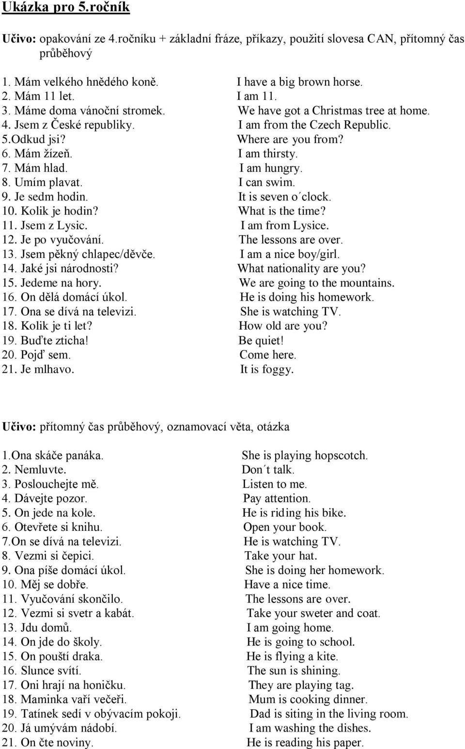 I am hungry. 8. Umím plavat. I can swim. 9. Je sedm hodin. It is seven o clock. 10. Kolik je hodin? What is the time? 11. Jsem z Lysic. I am from Lysice. 12. Je po vyučování. The lessons are over. 13.