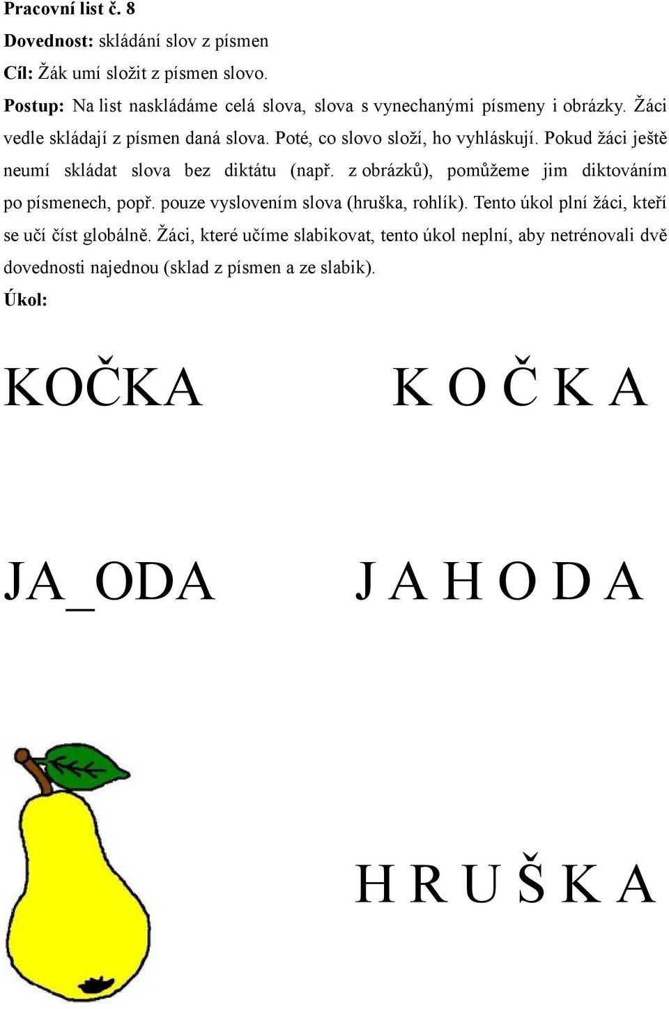 Poté, co slovo složí, ho vyhláskují. Pokud žáci ještě neumí skládat slova bez diktátu (např. z obrázků), pomůžeme jim diktováním po písmenech, popř.