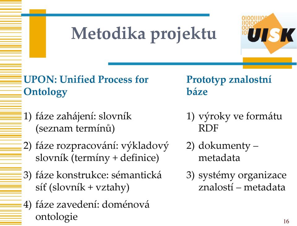 sémantická síť (slovník + vztahy) 4) fáze zavedení: doménová ontologie Prototyp znalostní