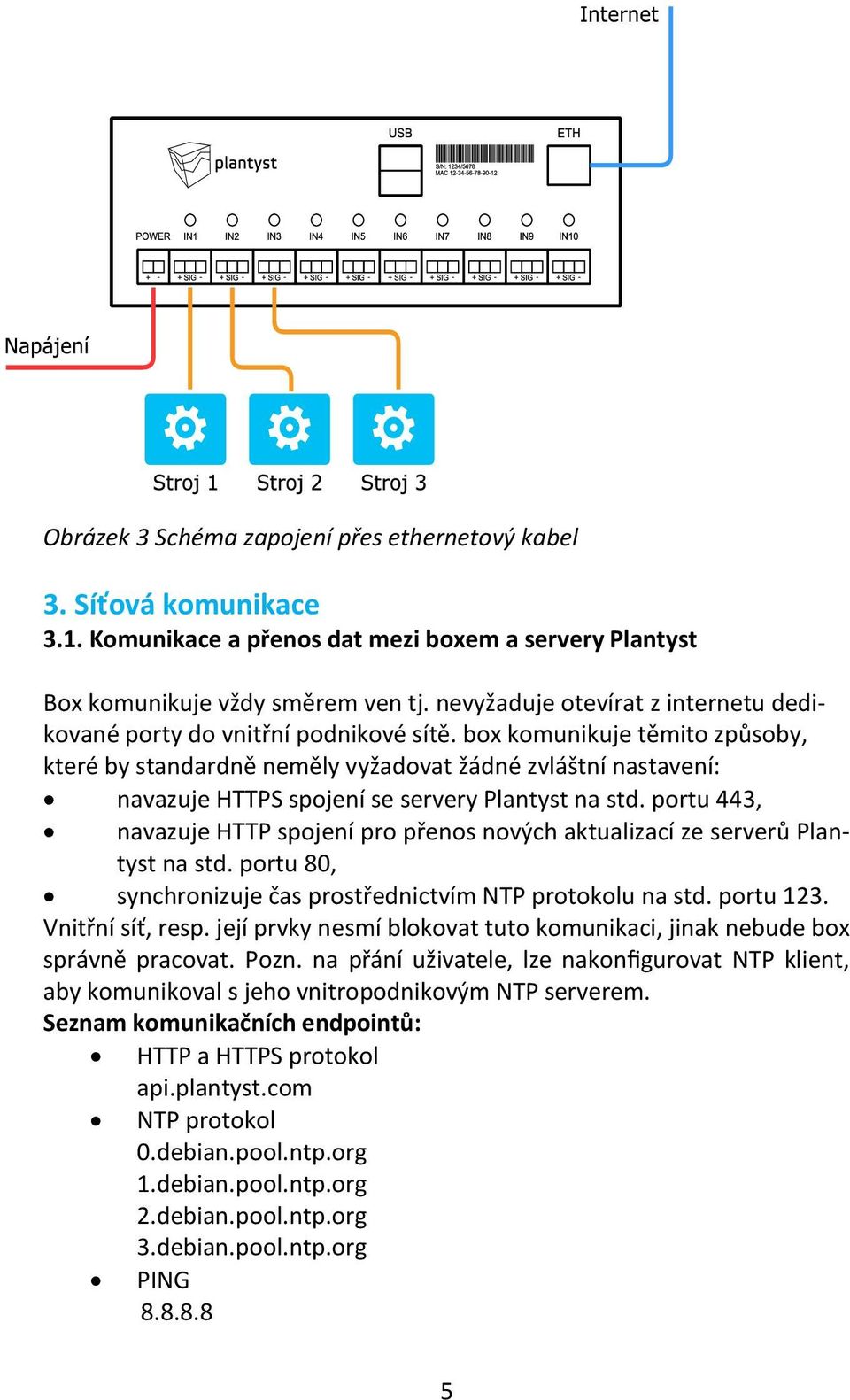 box komunikuje těmito způsoby, které by standardně neměly vyžadovat žádné zvláštní nastavení: navazuje HTTPS spojení se servery Plantyst na std.