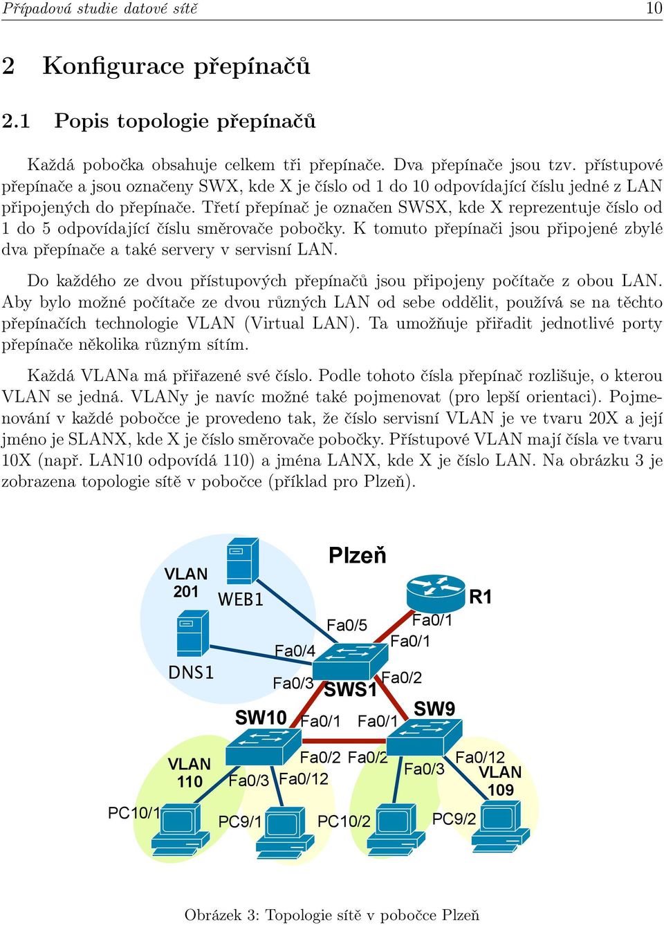 Třetí přepínač je označen SWSX, kde X reprezentuje číslo od 1 do 5 odpovídající číslu směrovače pobočky. K tomuto přepínači jsou připojené zbylé dva přepínače a také servery v servisní LAN.