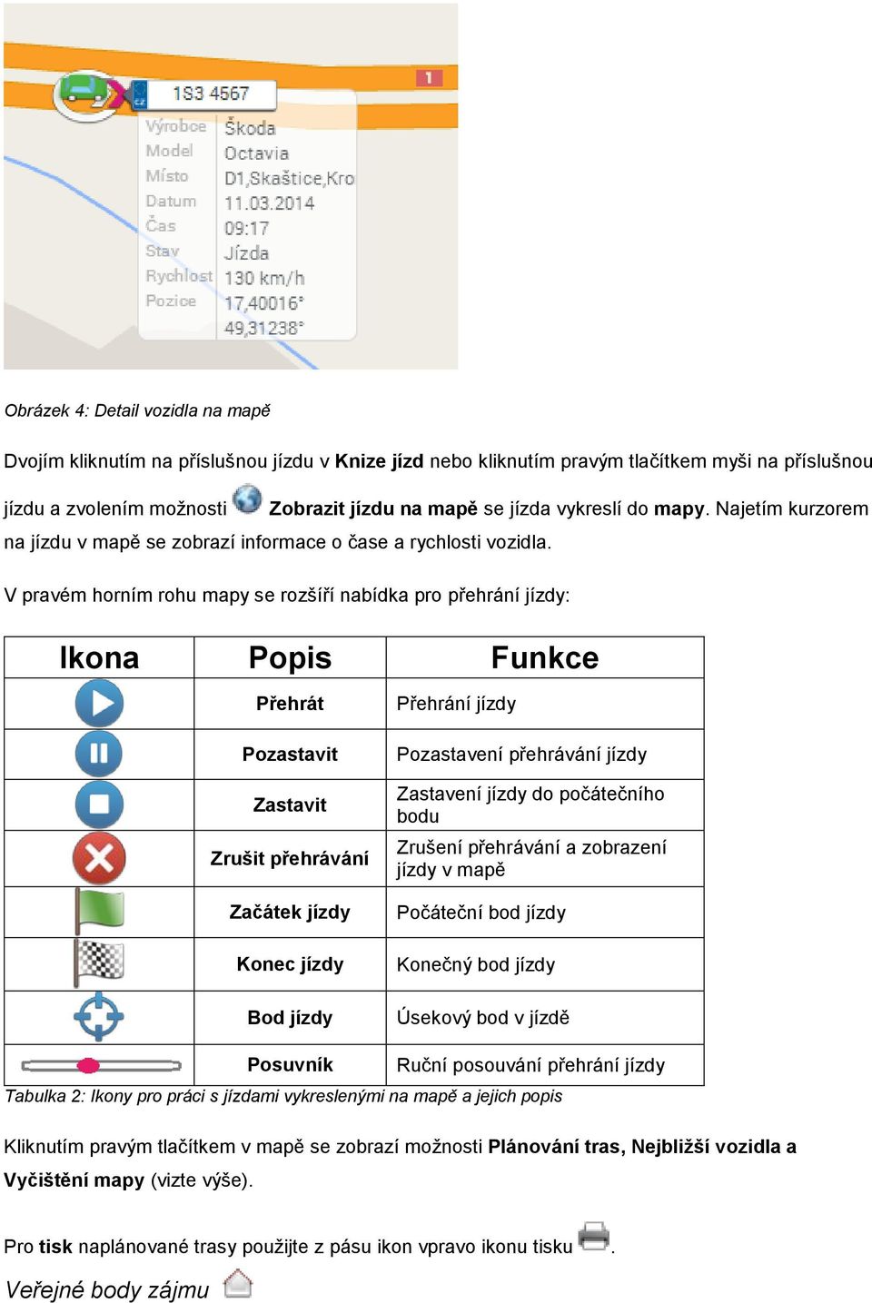 V pravém horním rohu mapy se rozšíří nabídka pro přehrání jízdy: Ikona Popis Funkce Přehrát Pozastavit Zastavit Zrušit přehrávání Začátek jízdy Konec jízdy Bod jízdy Přehrání jízdy Pozastavení