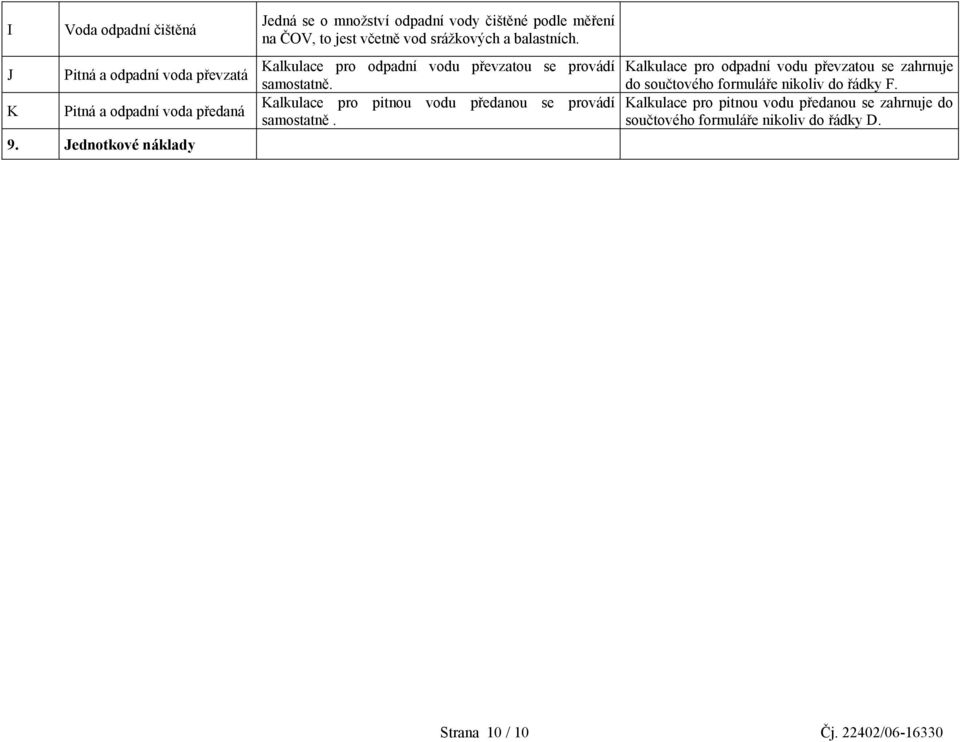 Kalkulace pro odpadní vodu převzatou se provádí samostatně. Kalkulace pro pitnou vodu předanou se provádí samostatně.