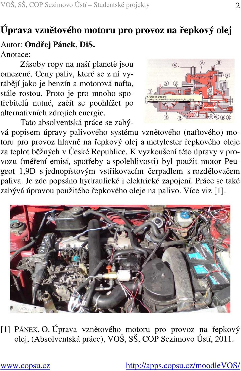 Tato absolventská práce se zabývá popisem úpravy palivového systému vznětového (naftového) motoru pro provoz hlavně na řepkový olej a metylester řepkového oleje za teplot běžných v České Republice.