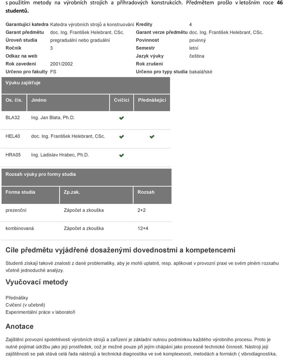 Garant verze předmětu doc. Ing. František Helebrant, CSc.