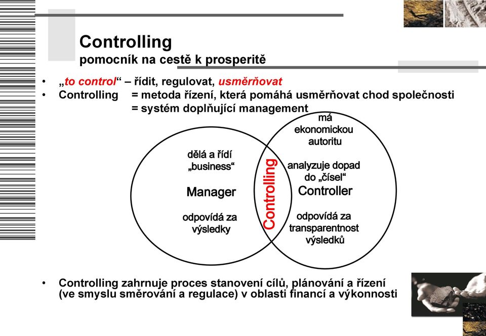 business analyzuje dopad Manager do čísel Controller odpovídá za výsledky odpovídá za transparentnost výsledků