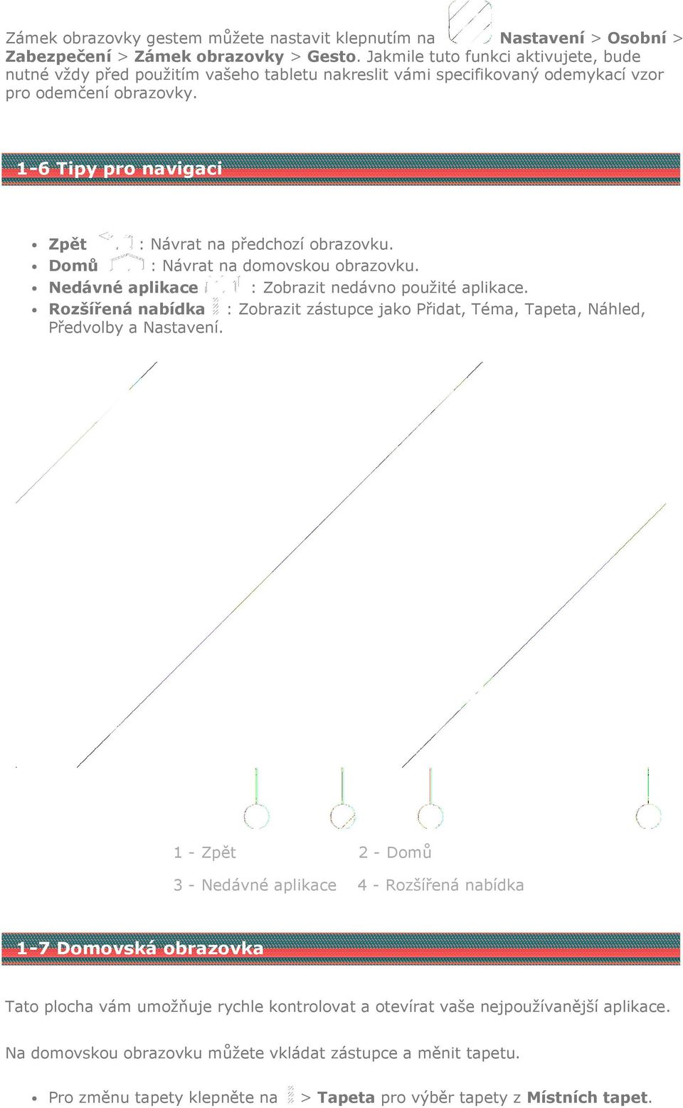 1-6 Tipy pro navigaci Zpět : Návrat na předchozí obrazovku. Domů : Návrat na domovskou obrazovku. Nedávné aplikace : Zobrazit nedávno použité aplikace.