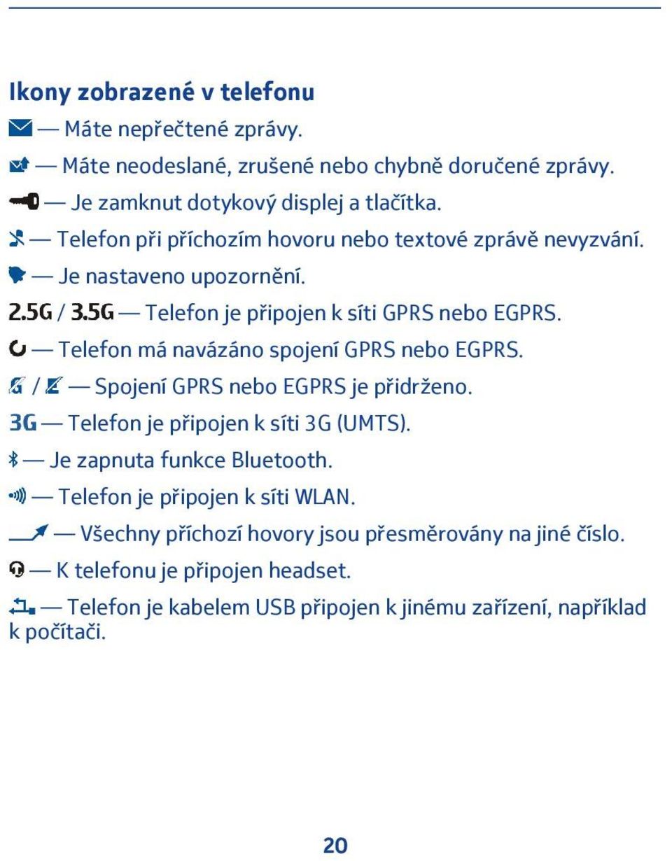 Telefon má navázáno spojení GPRS nebo EGPRS. / Spojení GPRS nebo EGPRS je přidrženo. Telefon je připojen k síti 3G (UMTS). Je zapnuta funkce Bluetooth.