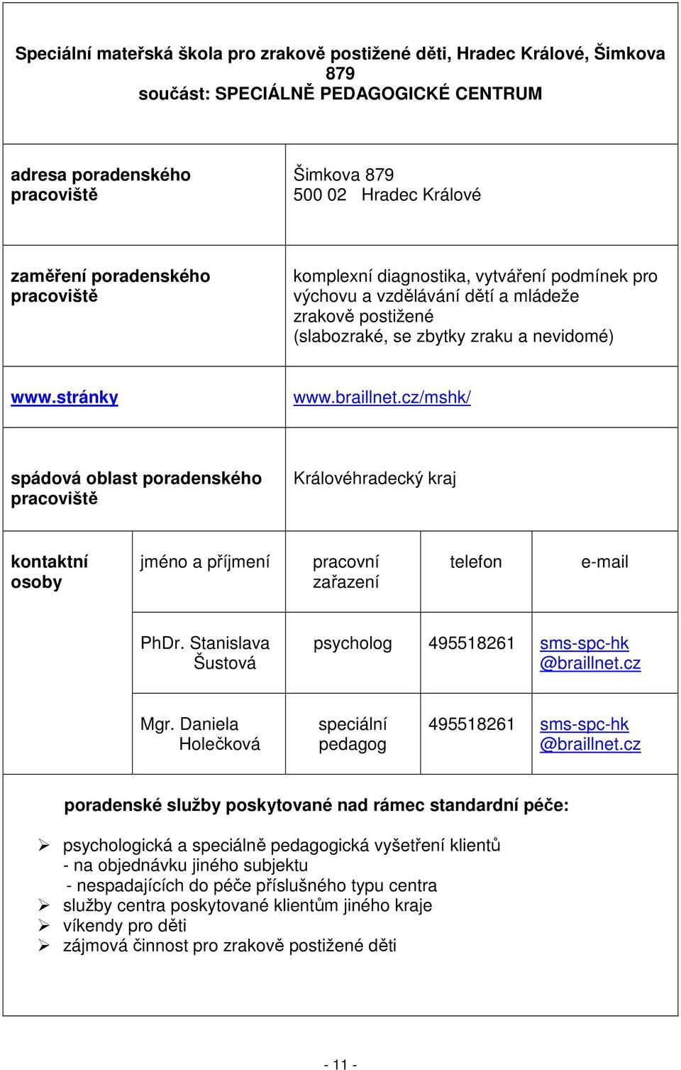 cz/mshk/ spádová oblast poradenského Královéhradecký kraj jméno a příjmení PhDr. Stanislava Šustová psycholog 495518261 sms-spc-hk @braillnet.cz Mgr.