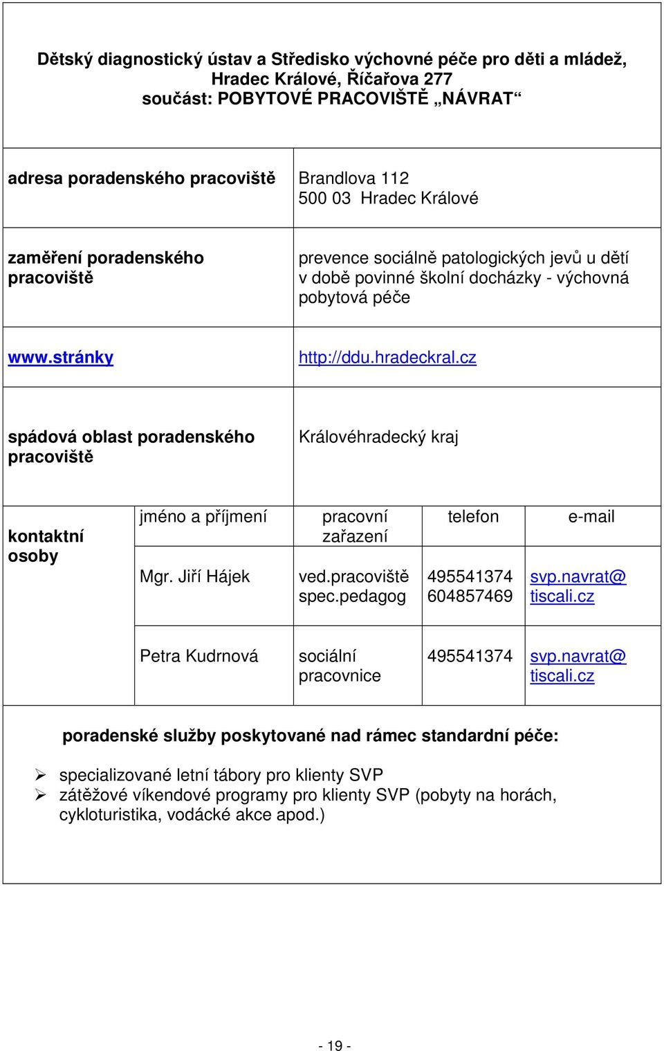 cz spádová oblast poradenského Královéhradecký kraj jméno a příjmení Mgr. Jiří Hájek ved. spec.pedagog 495541374 604857469 svp.navrat@ tiscali.