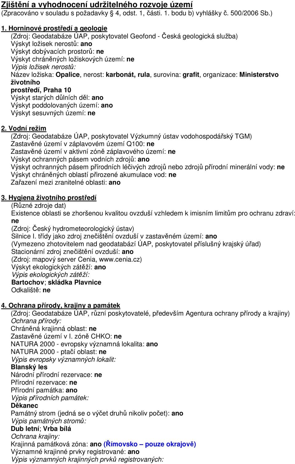 ne Výpis ložisek nerostů: Název ložiska: Opalice, nerost: karbonát, rula, surovina: grafit, organizace: Ministerstvo životního prostředí, Praha 10 Výskyt starých důlních děl: ano Výskyt poddolovaných