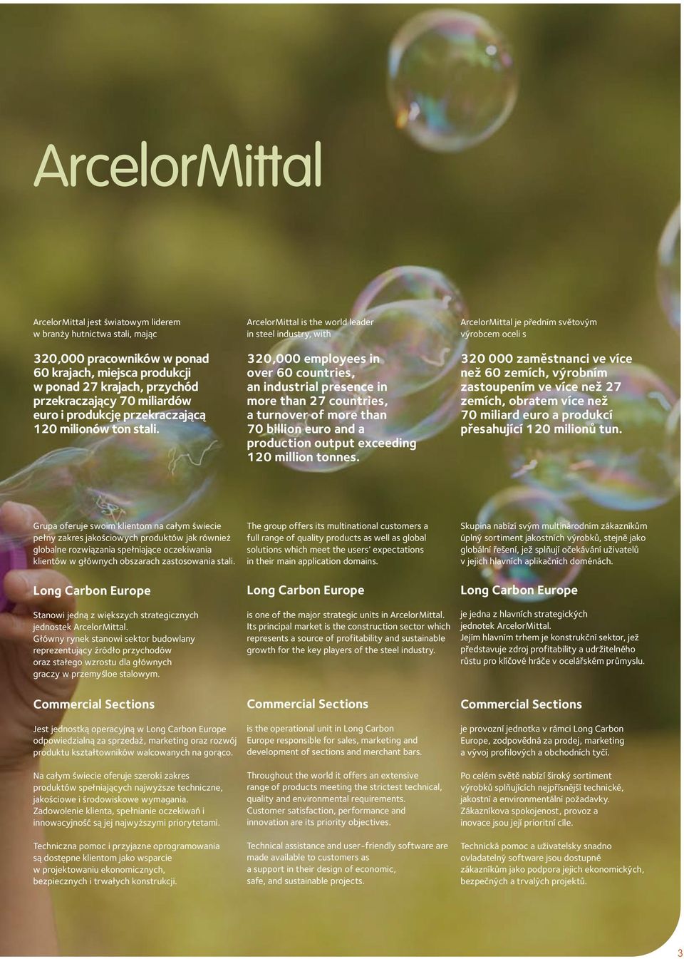 ArcelorMittal is the world leader in steel industry, with 320,000 employees in over 60 countries, an industrial presence in more than 27 countries, a turnover of more than 70 billion euro and a