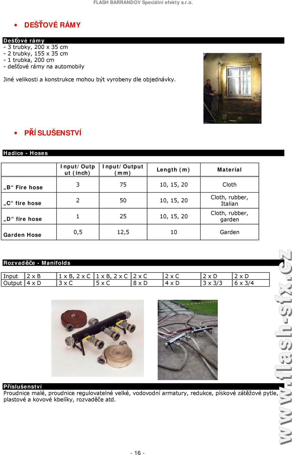 PŘÍSLUŠENSTVÍ Hadice - Hoses Input/Outp ut (inch) Input/Output (mm) Length (m) Material B ire hose C fire hose D fire hose Garden Hose 3 75 10, 15, 20 Cloth 2 50 10, 15, 20 1 25 10, 15, 20