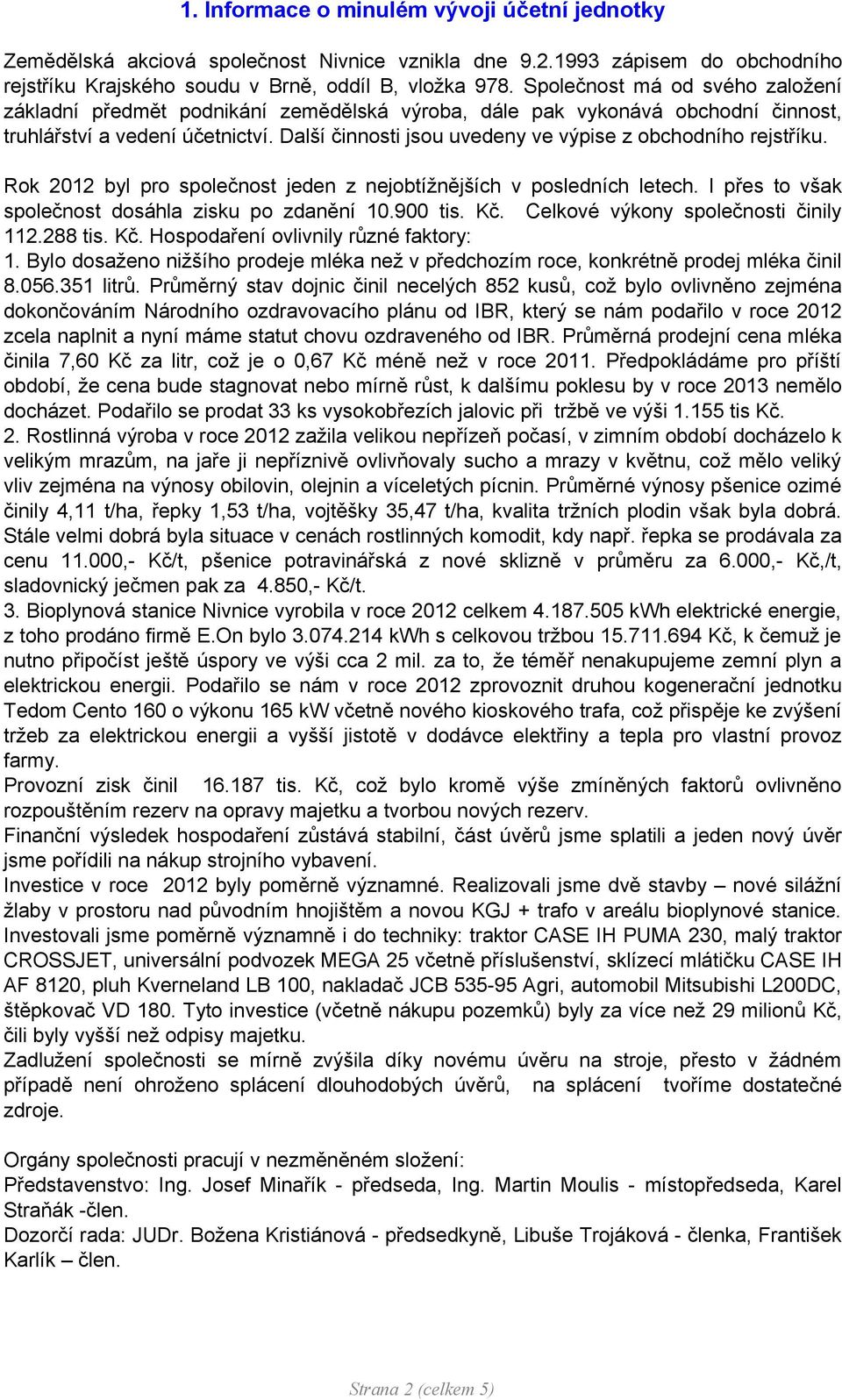 Další činnosti jsou uvedeny ve výpise z obchodního rejstříku. Rok 2012 byl pro společnost jeden z nejobtížnějších v posledních letech. I přes to však společnost dosáhla zisku po zdanění 10.900 tis.