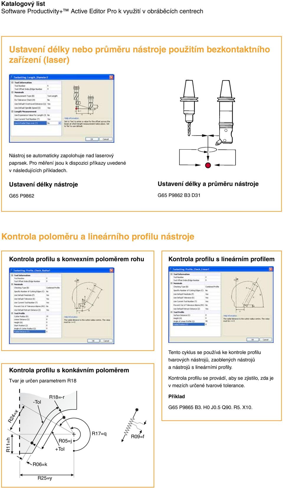 Ustavení délky nástroje G65 P9862 Ustavení délky a průměru nástroje G65 P9862 B3 D31 Kontrola poloměru a lineárního profilu nástroje Kontrola profilu s konvexním poloměrem rohu Kontrola profilu s