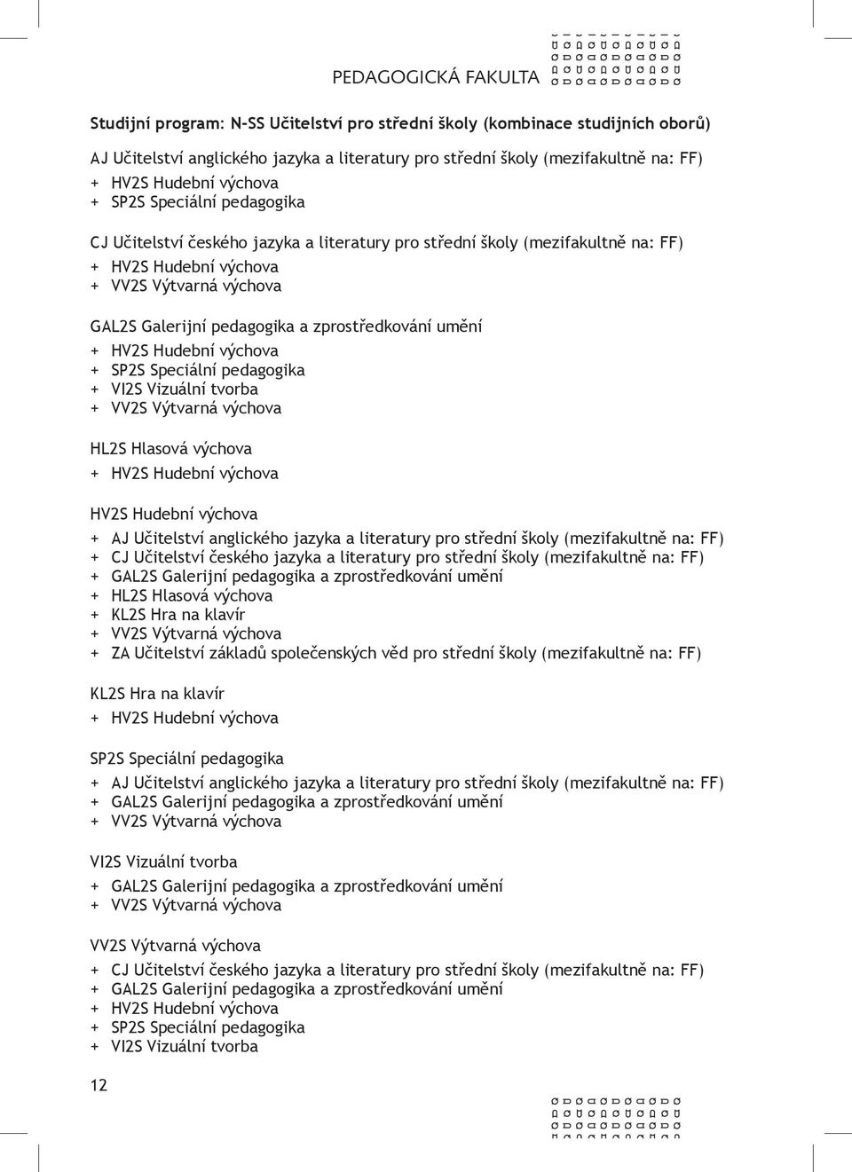 umění + HV2S Hudební výchova + SP2S Speciální pedagogika + VI2S Vizuální tvorba + VV2S Výtvarná výchova HL2S Hlasová výchova + HV2S Hudební výchova HV2S Hudební výchova + AJ Učitelství anglického