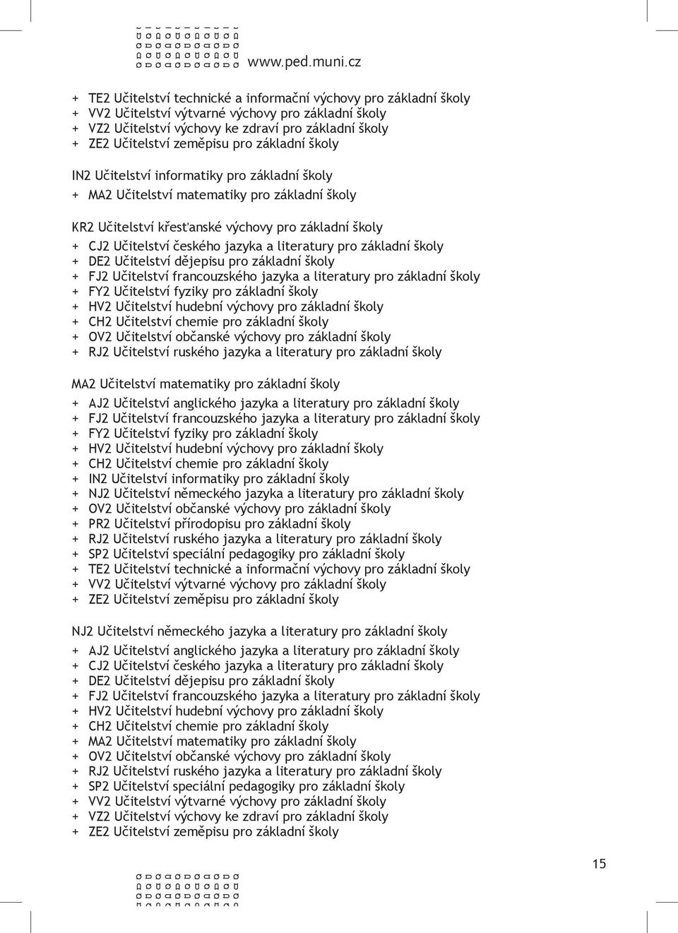 dějepisu pro základní školy + FY2 Učitelství fyziky pro základní školy + HV2 Učitelství hudební výchovy pro základní školy + CH2 Učitelství chemie pro základní školy + RJ2 Učitelství ruského jazyka a