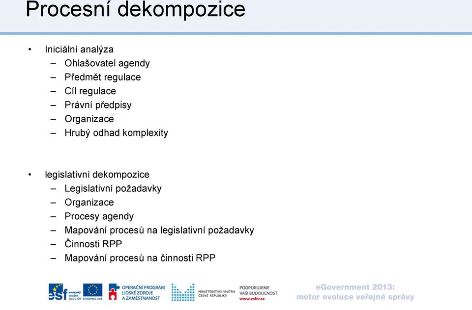 legislativní dekompozice Legislativní požadavky Organizace Procesy agendy