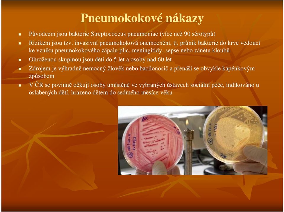 průnik bakterie do krve vedoucí ke vzniku pneumokokového zápalu plic, meningitidy, sepse nebo zánětu kloubů Ohroženou skupinou jsou děti