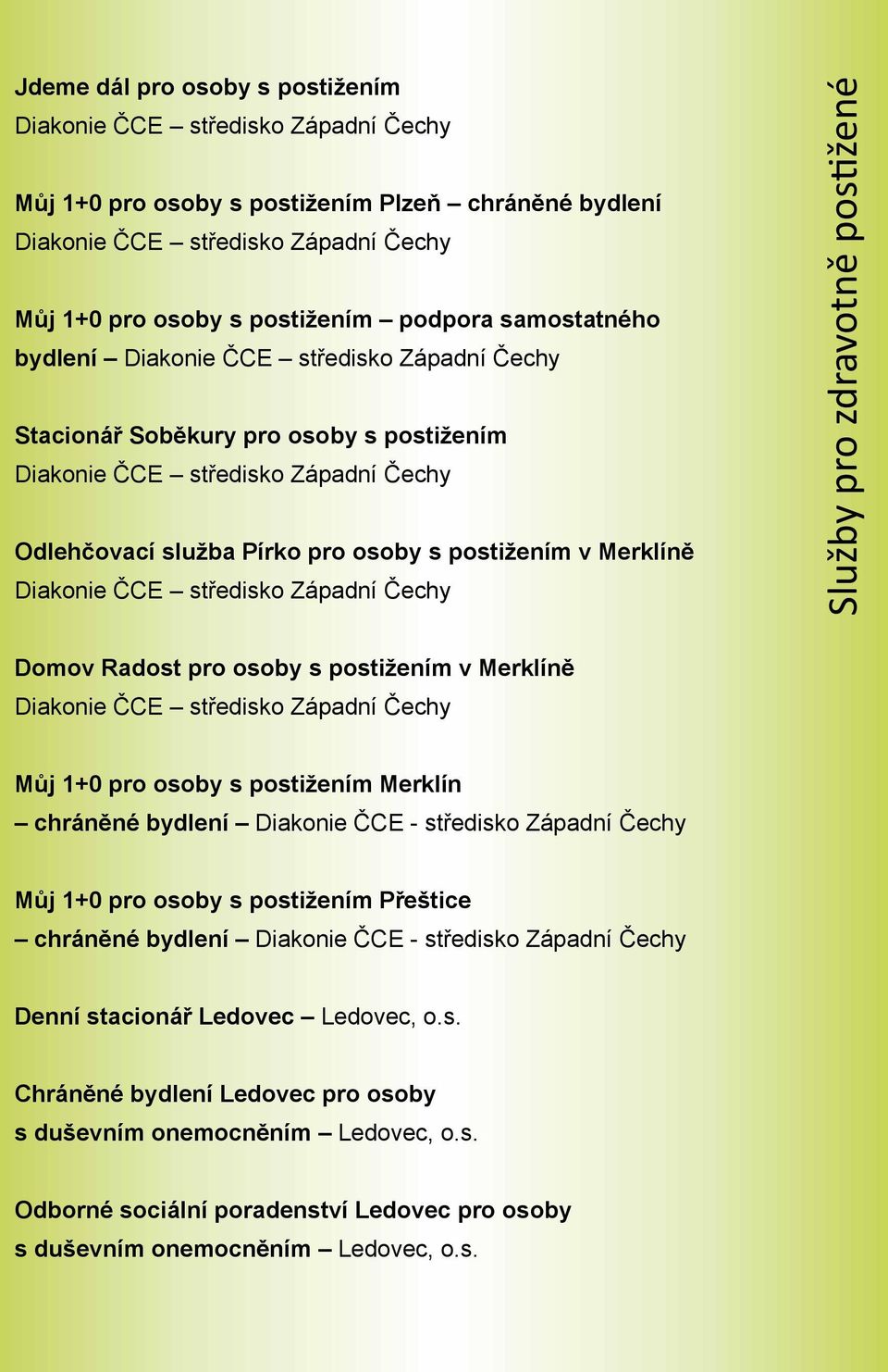 Diakonie ČCE středisko Západní Čechy Služby pro zdravotně postižené Domov Radost pro osoby s postižením v Merklíně Diakonie ČCE středisko Západní Čechy Můj 1+0 pro osoby s postižením Merklín chráněné
