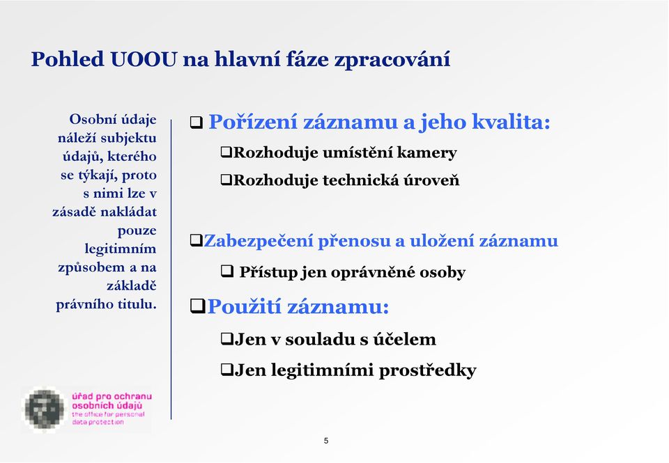 Pořízení záznamu a jeho kvalita: Rozhoduje umístění kamery Rozhoduje technická úroveň Zabezpečení