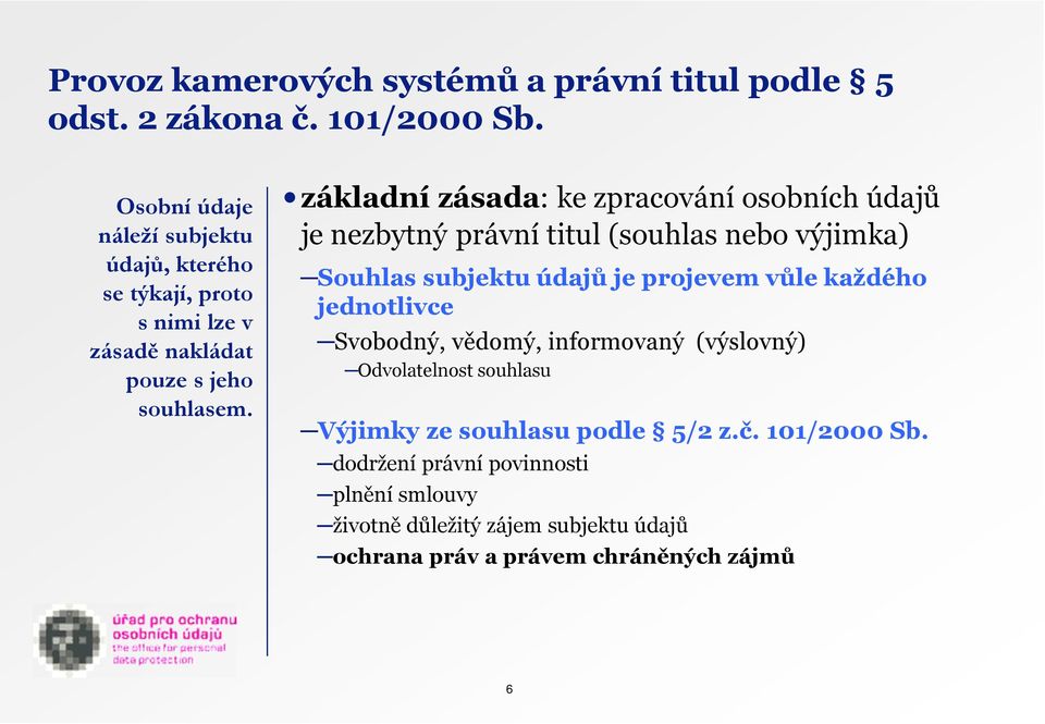 základní zásada: ke zpracování osobních údajů je nezbytný právní titul (souhlas nebo výjimka) Souhlas subjektu údajů je projevem vůle každého