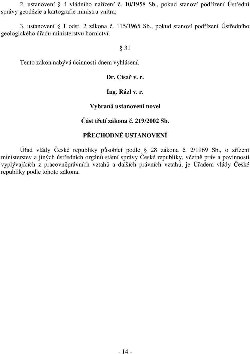 Ing. Rázl v. r. Vybraná ustanovení novel Část třetí zákona č. 219/2002 Sb. PŘECHODNÉ USTANOVENÍ Úřad vlády České republiky působící podle 28 zákona č. 2/1969 Sb.