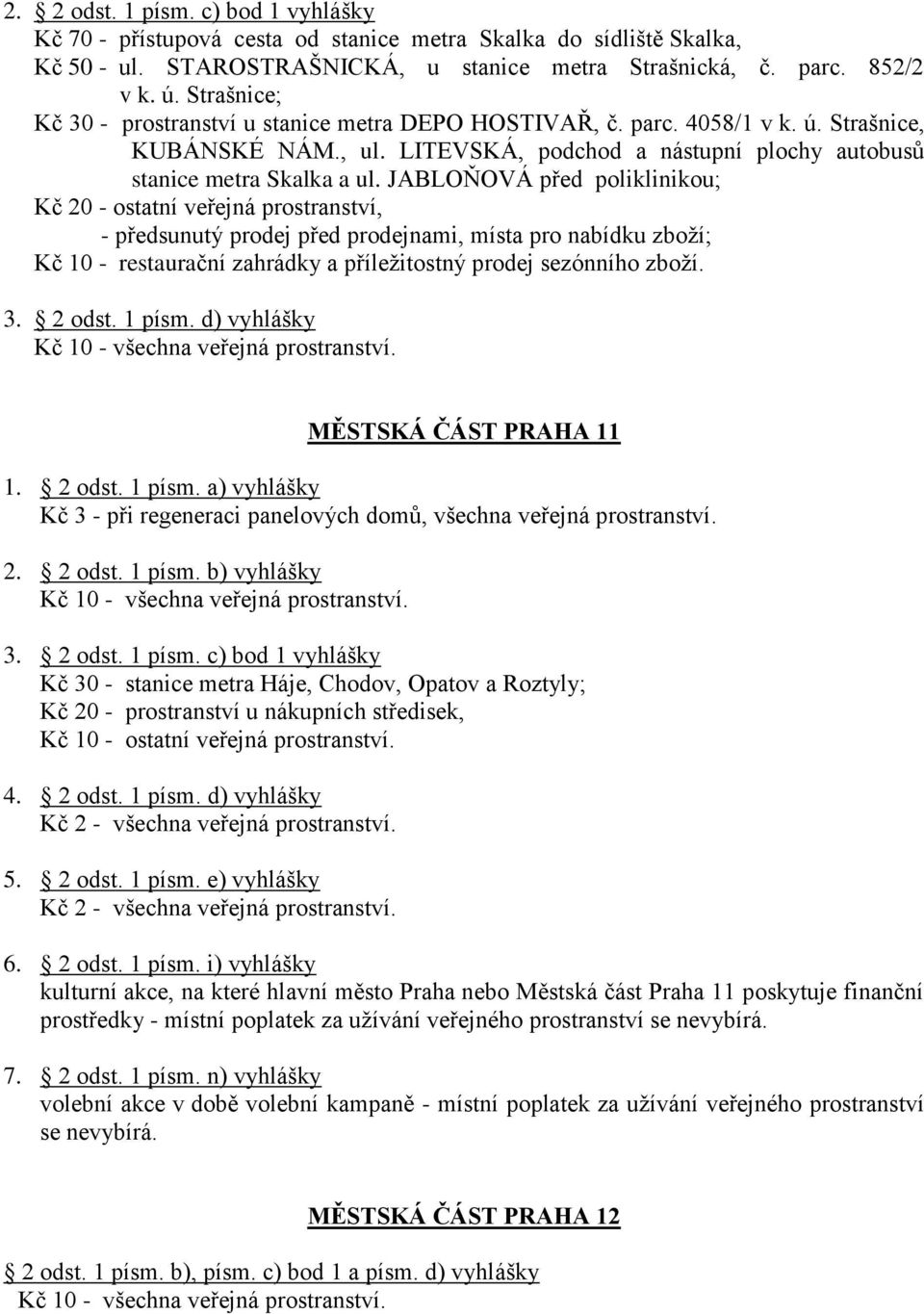 JABLOŇOVÁ před poliklinikou; Kč 20 - ostatní veřejná prostranství, - předsunutý prodej před prodejnami, místa pro nabídku zboţí; Kč 10 - restaurační zahrádky a příleţitostný prodej sezónního zboţí. 3.