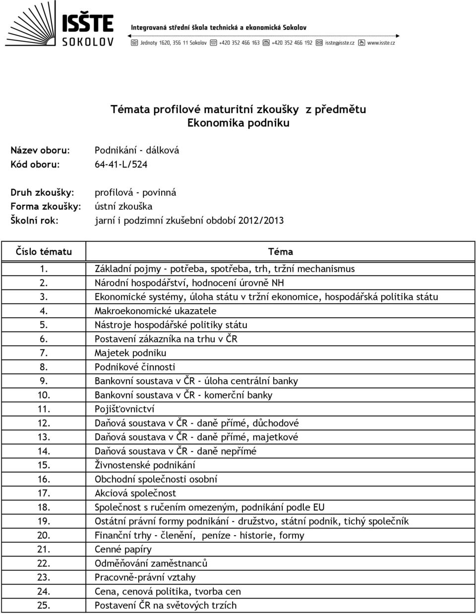 Majetek podniku 8. Podnikové činnosti 9. Bankovní soustava v ČR - úloha centrální banky 10. Bankovní soustava v ČR - komerční banky 11. Pojišťovnictví 12.