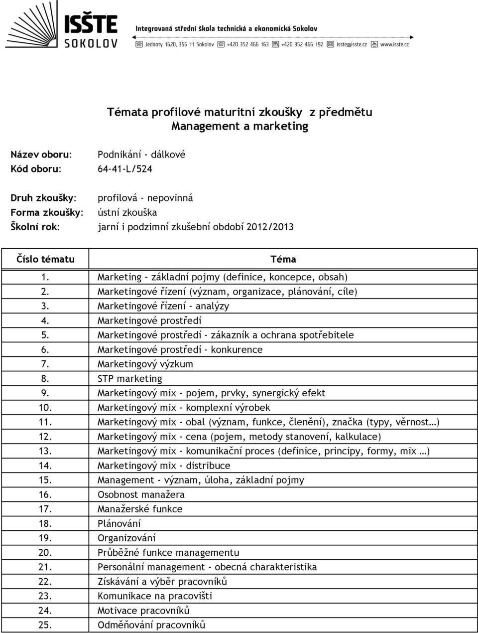 Marketingové prostředí - konkurence 7. Marketingový výzkum 8. STP marketing 9. Marketingový mix - pojem, prvky, synergický efekt 10. Marketingový mix - komplexní výrobek 11.