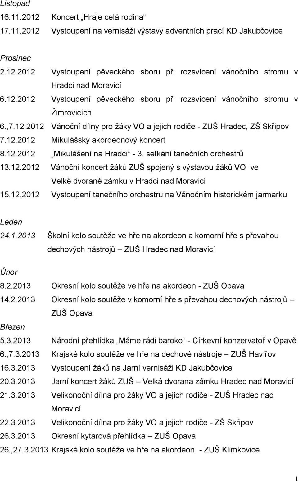 setkání tanečních orchestrů 3.2.202 Vánoční koncert žáků ZUŠ spojený s výstavou žáků VO ve Velké dvoraně zámku v Hradci nad Moravicí 5.2.202 Vystoupení tanečního orchestru na Vánočním historickém jarmarku Leden 24.