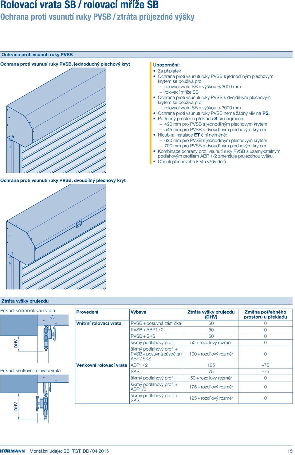 používá pro: rolovací vrata SB s výškou > 3000 mm Ochrana proti vsunutí ruky PVSB nemá žádný vliv na PS.