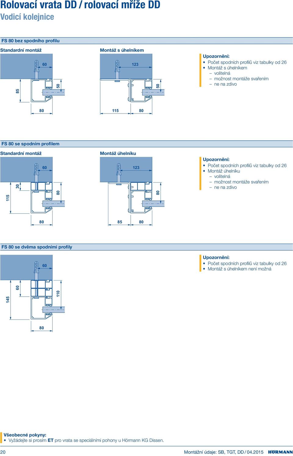 viz tabulky od 26 Montáž úhelníku volitelná možnost montáže svařením ne na zdivo 115 80 80 80 85 80 FS 80 se dvěma spodními profily 60 Počet spodních profilů viz tabulky od