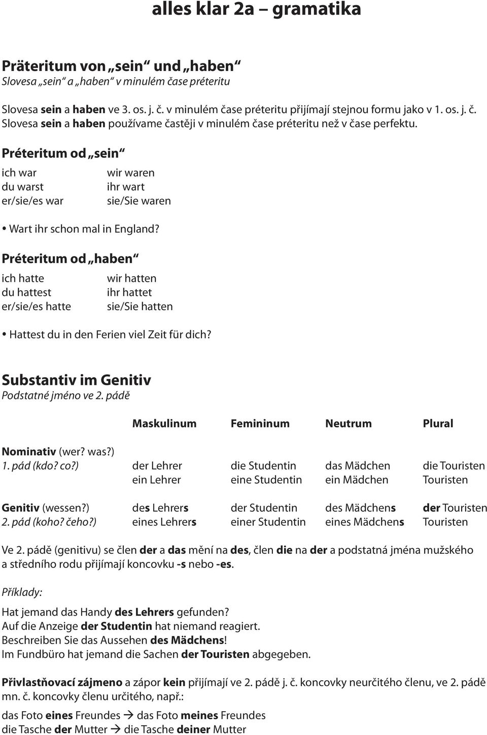 Préteritum od haben ich hatte wir hatten du hattest ihr hattet er/sie/es hatte sie/sie hatten Hattest du in den Ferien viel Zeit für dich? Substantiv im Genitiv Podstatné jméno ve 2.