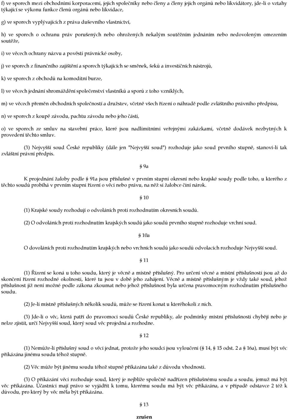 právnické osoby, j) ve sporech z finančního zajištění a sporech týkajících se směnek, šeků a investičních nástrojů, k) ve sporech z obchodů na komoditní burze, l) ve věcech jednání shromáždění