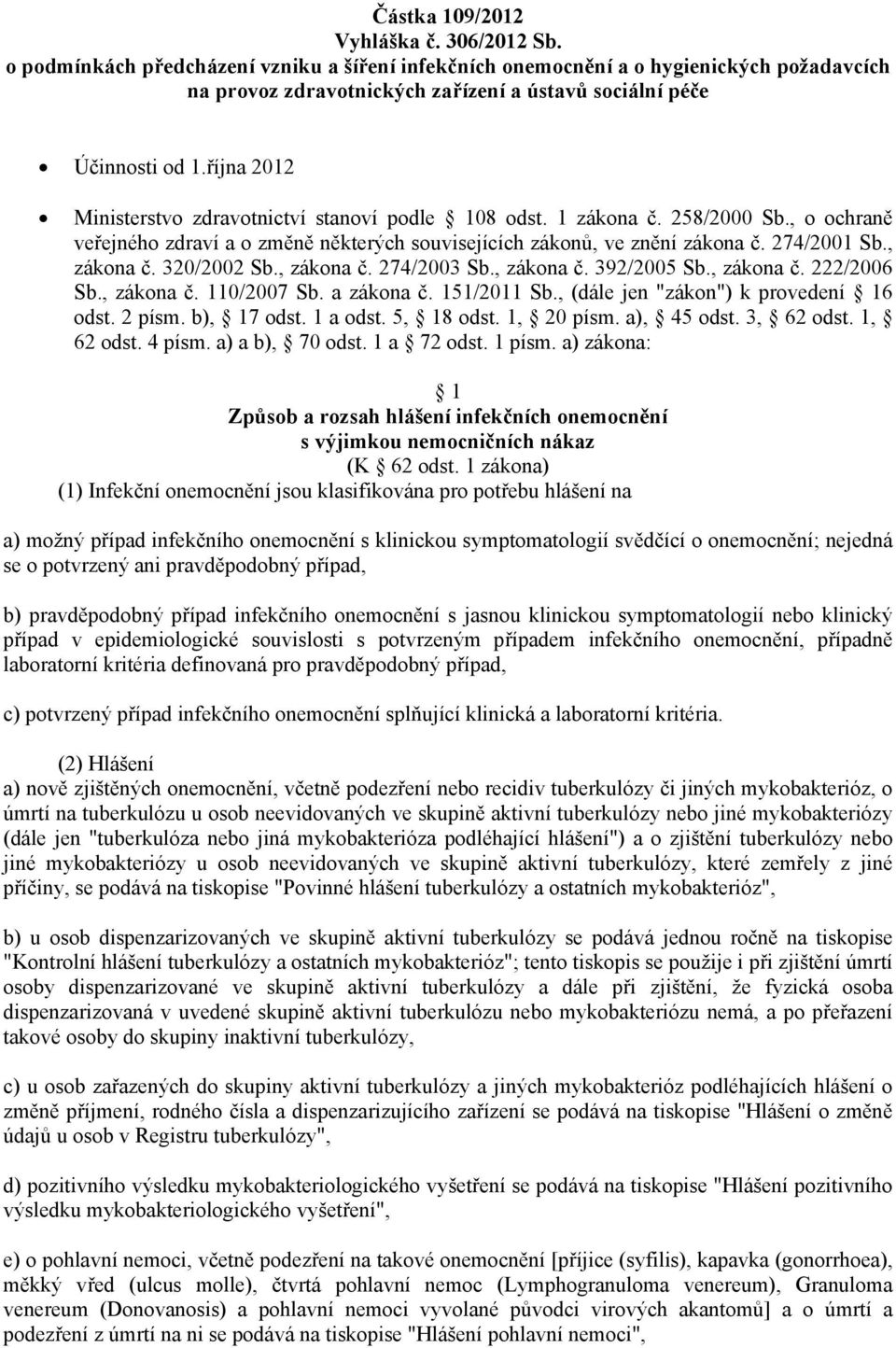 října 2012 Ministerstvo zdravotnictví stanoví podle 108 odst. 1 zákona č. 258/2000 Sb., o ochraně veřejného zdraví a o změně některých souvisejících zákonů, ve znění zákona č. 274/2001 Sb., zákona č.