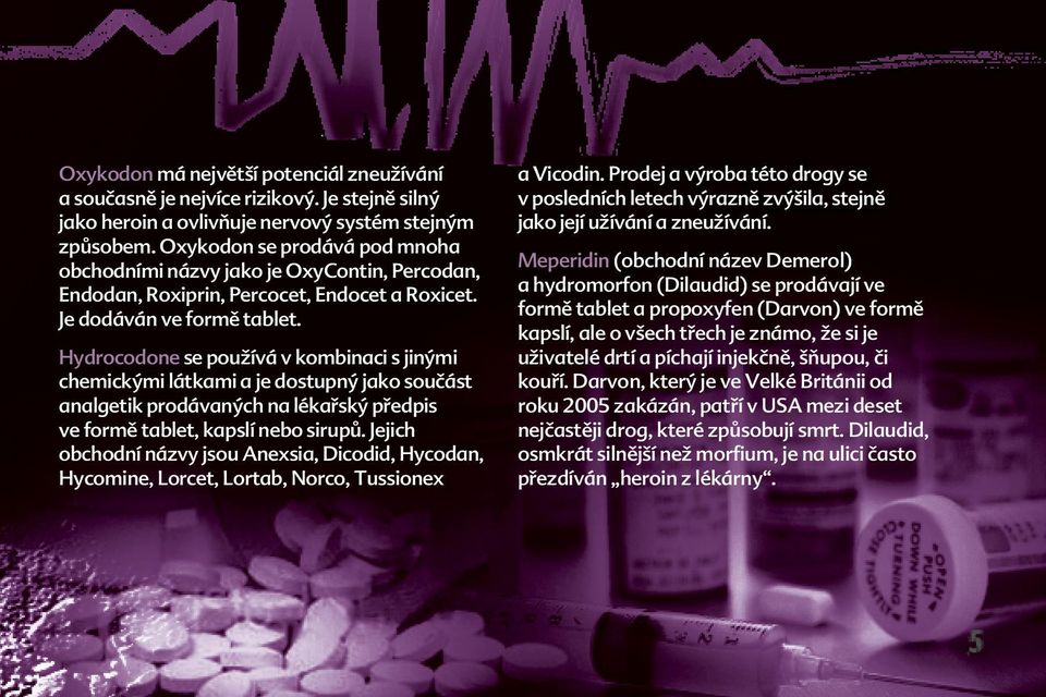 Hydrocodone se používá v kombinaci s jinými chemickými látkami a je dostupný jako součást analgetik prodávaných na lékařský předpis ve formě tablet, kapslí nebo sirupů.