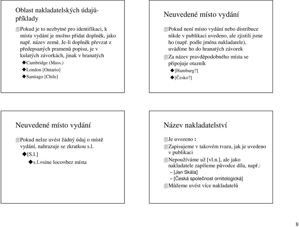 ) London [Ontario] Santiago [Chile] Neuvedené místo vydání Pokud není místo vydání nebo distribuce nikde v publikaci uvedeno, ale zjistili jsme ho (např.