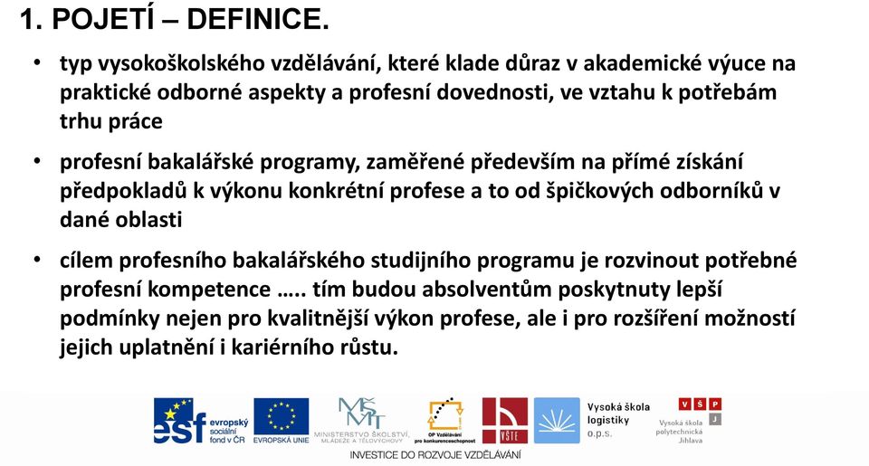 trhu práce profesní bakalářské programy, zaměřené především na přímé získání předpokladů k výkonu konkrétní profese a to od špičkových