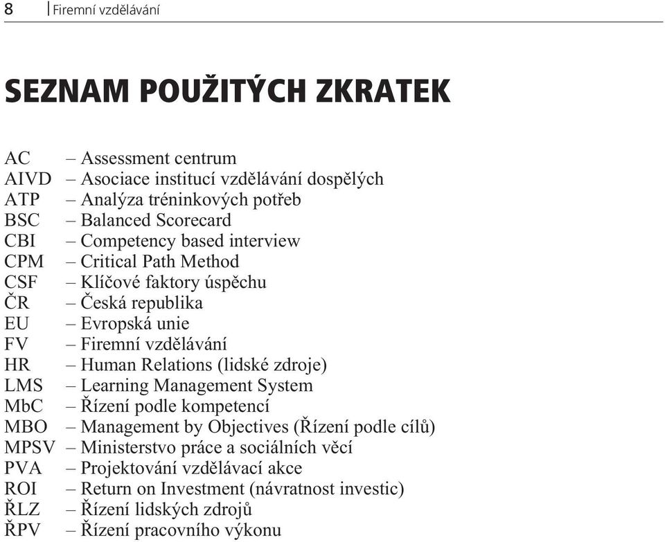 Human Relations (lidské zdroje) LMS Learning Management System MbC Øízení podle kompetencí MBO Management by Objectives (Øízení podle cílù) MPSV Ministerstvo