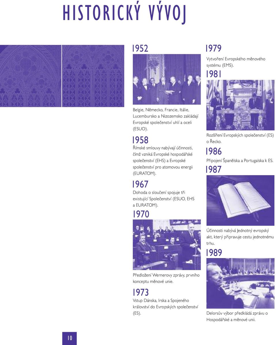 1967 Dohoda o sloučení spojuje tři existující Společenství (ESUO, EHS a EURATOM). 1970 Rozšíření Evropských společenství (ES) o Řecko. 1986 Připojení Španělska a Portugalska k ES.