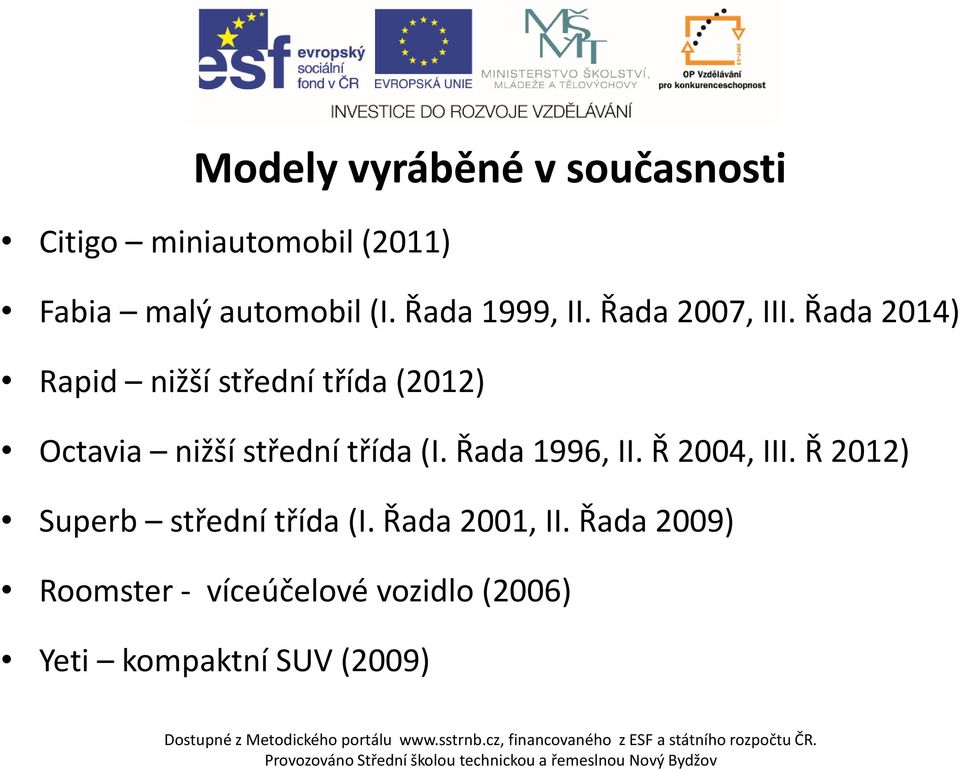 Řada 2014) Rapid nižší střední třída (2012) Octavia nižší střední třída (I.