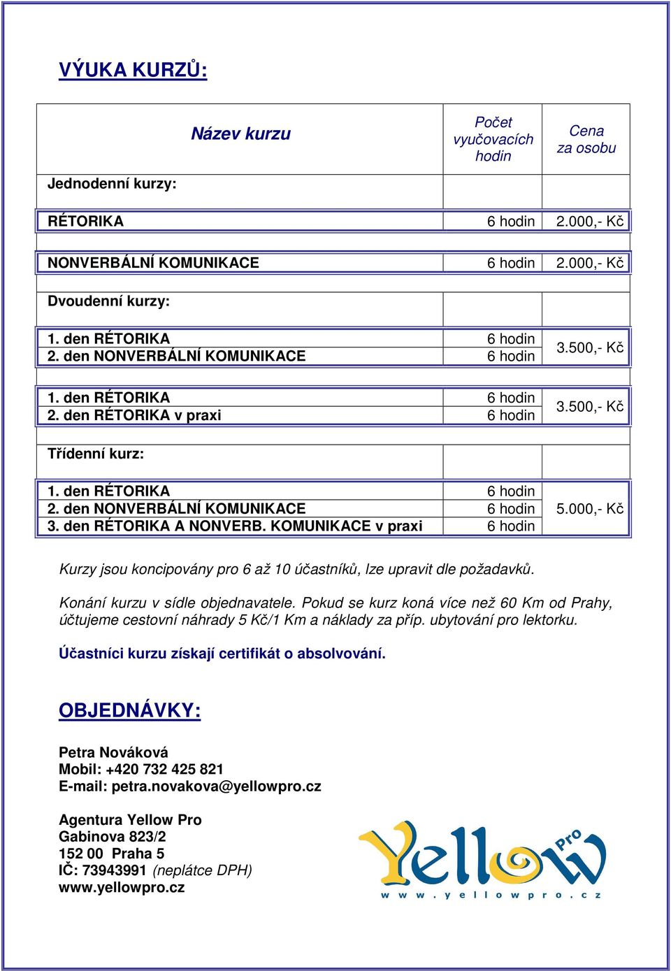 den RÉTORIKA A NONVERB. KOMUNIKACE v praxi 6 hodin 5.000,- Kč Kurzy jsou koncipovány pro 6 až 10 účastníků, lze upravit dle požadavků. Konání kurzu v sídle objednavatele.