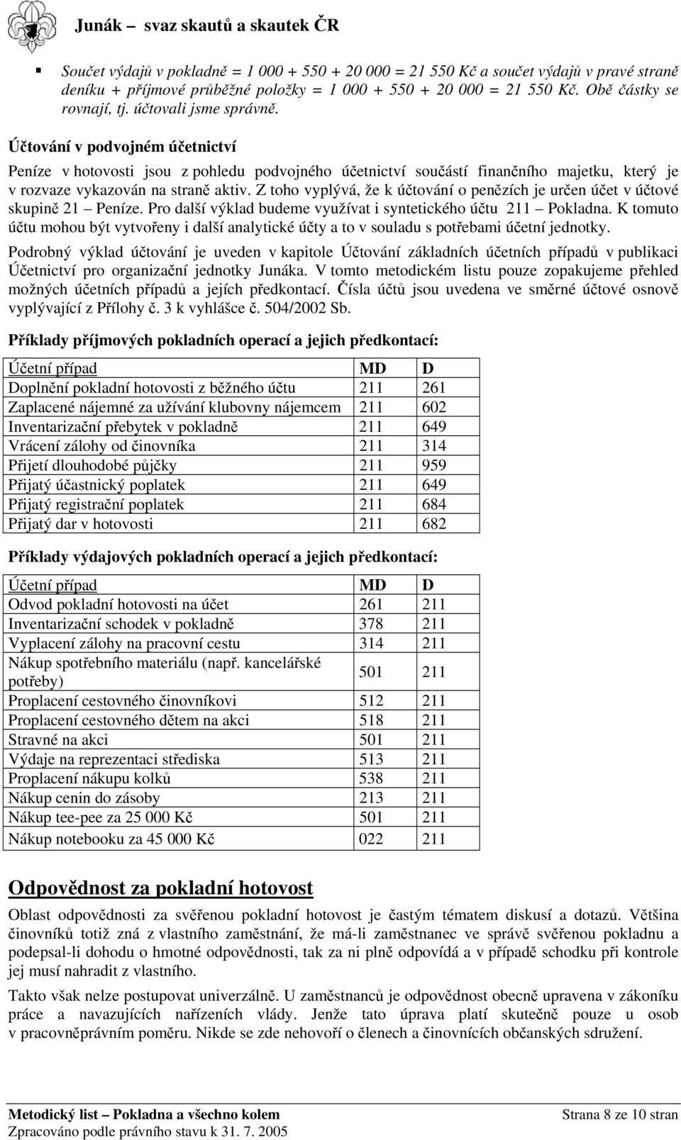 Z toho vyplývá, že k účtování o penězích je určen účet v účtové skupině 21 Peníze. Pro další výklad budeme využívat i syntetického účtu 211 Pokladna.
