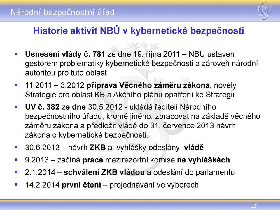 2012 příprava Věcného záměru zákona, novely Strategie pro oblast KB a Akčního plánu opatření ke Strategii UV č. 382 ze dne 30.5.
