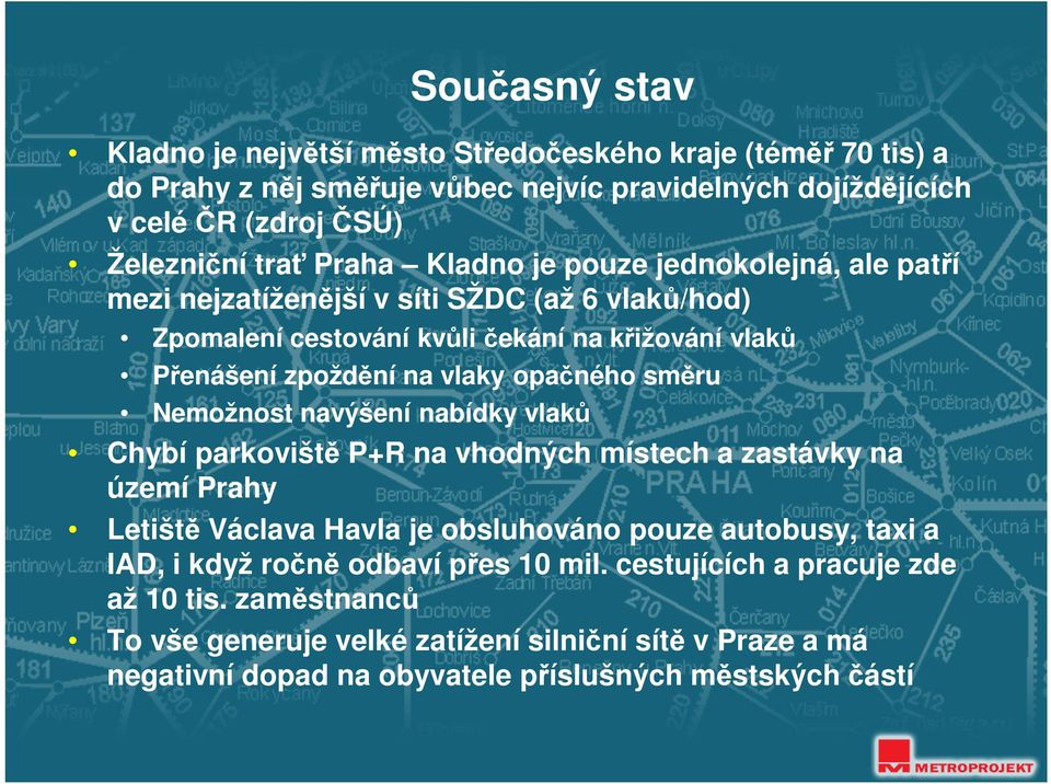 opačného směru Nemožnost navýšení nabídky vlaků Chybí parkoviště P+R na vhodných místech a zastávky na území Prahy Letiště Václava Havla je obsluhováno pouze autobusy, taxi a IAD, i