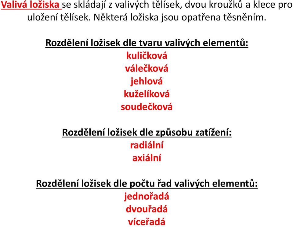 Rozdělení ložisek dle tvaru valivých elementů: kuličková válečková jehlová kuželíková