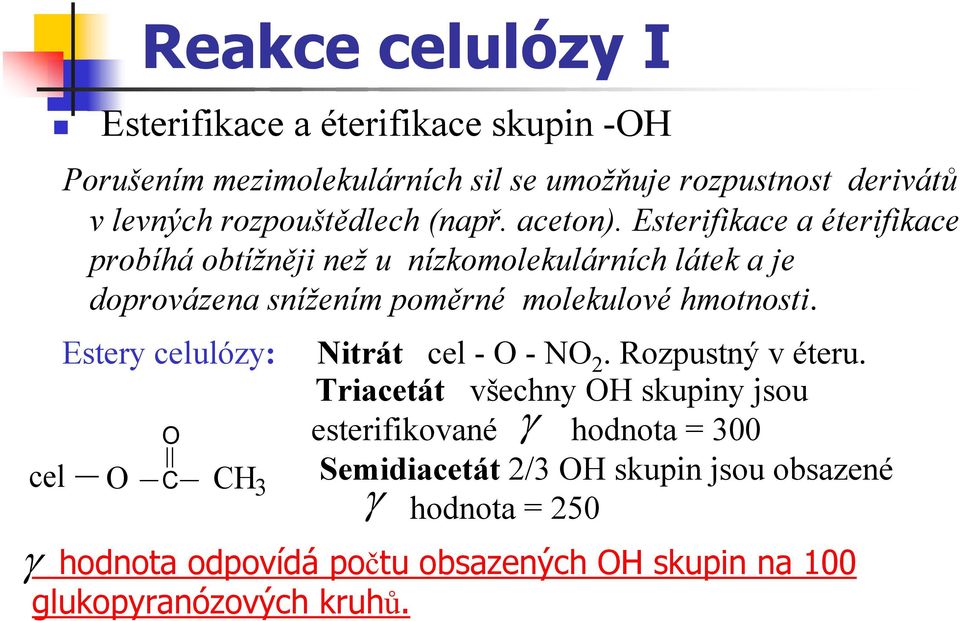Esterifikace a éterifikace probíhá obtížněji než u nízkomolekulárních látek a je doprovázena snížením poměrné molekulové hmotnosti.