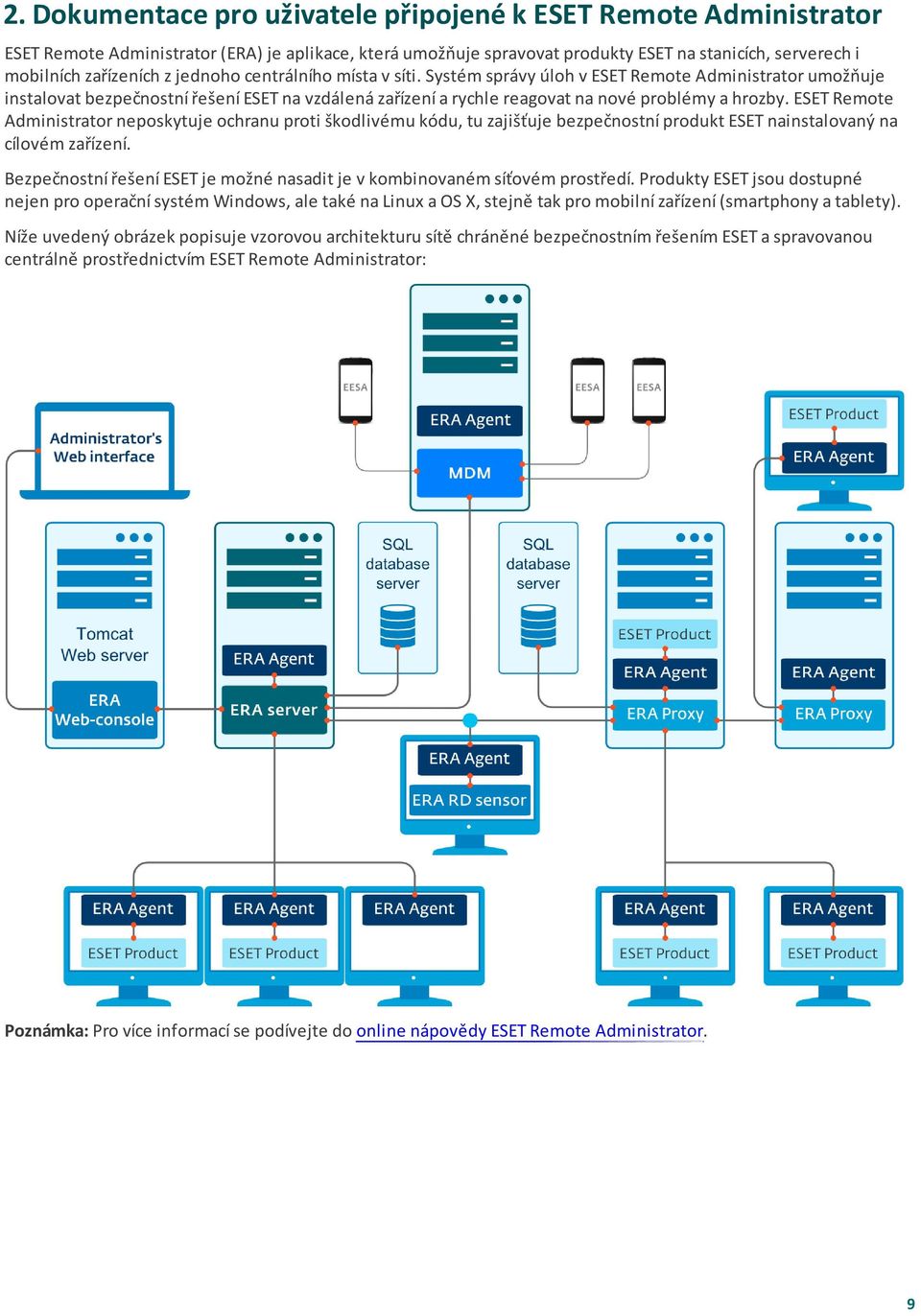 ESET Remote Administrator neposkytuje ochranu proti škodlivému kódu, tu zajišťuje bezpečnostní produkt ESET nainstalovaný na cílovém zařízení.