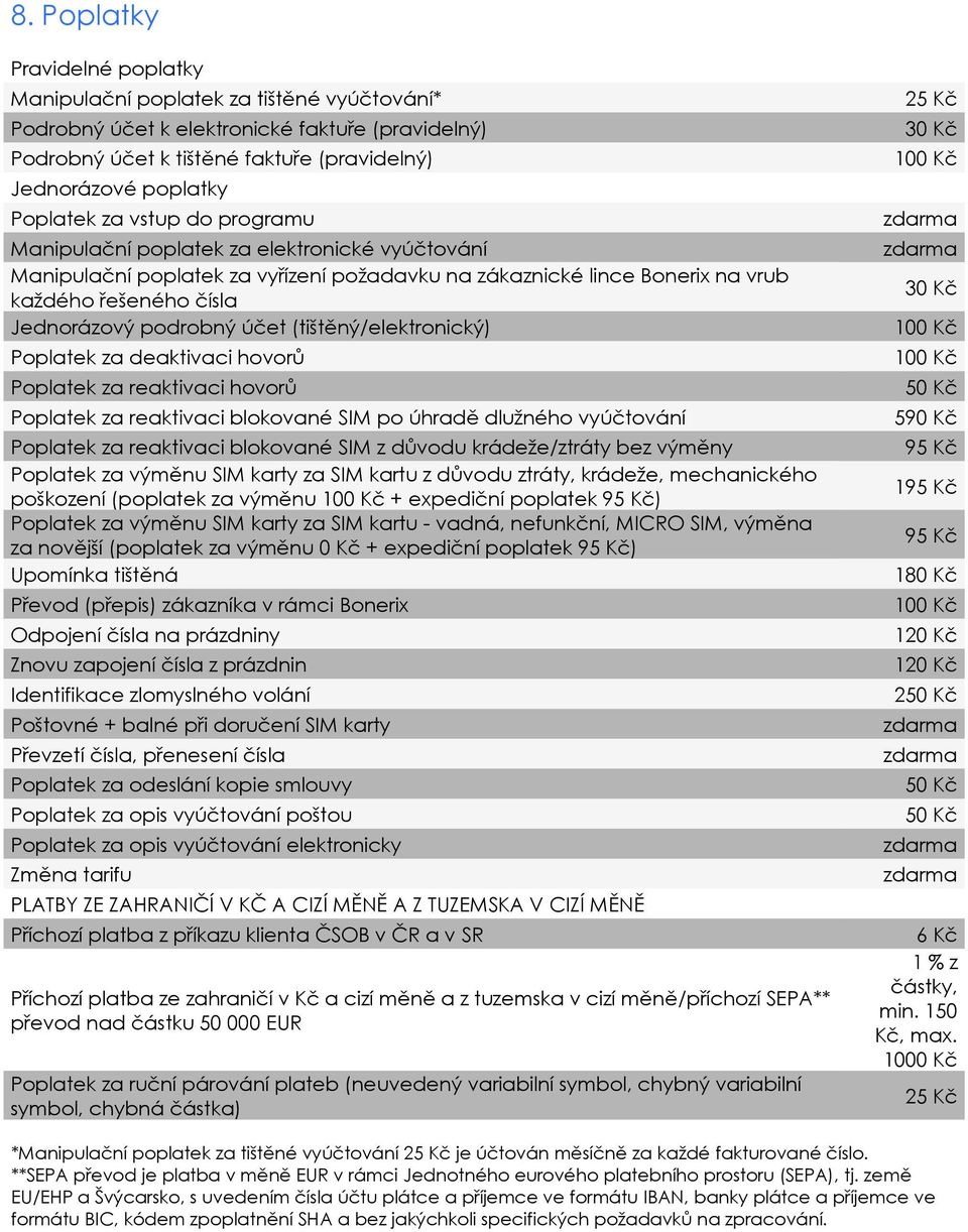 podrobný účet (tištěný/elektronický) Poplatek za deaktivaci hovorů Poplatek za reaktivaci hovorů Poplatek za reaktivaci blokované SIM po úhradě dlužného vyúčtování Poplatek za reaktivaci blokované